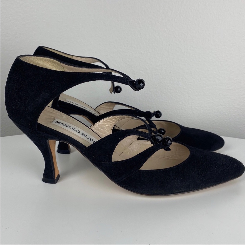 Manolo Blahnik Black Suede Ankle Strap Pumps